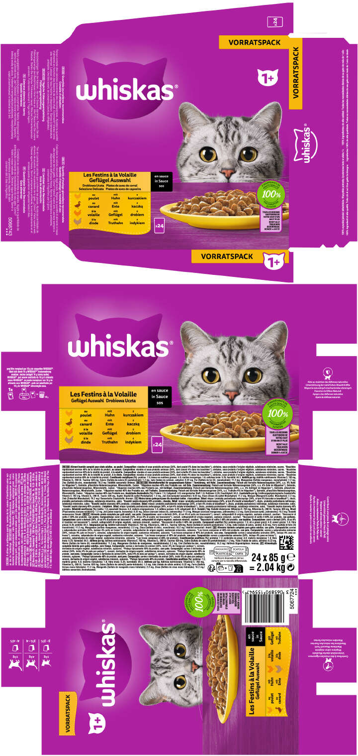 whiskas Portionsbeutel Katzen-Nassfutter Multipack Vorratspack 1+ Geflügel Auswahl in Sauce 24 x 85g